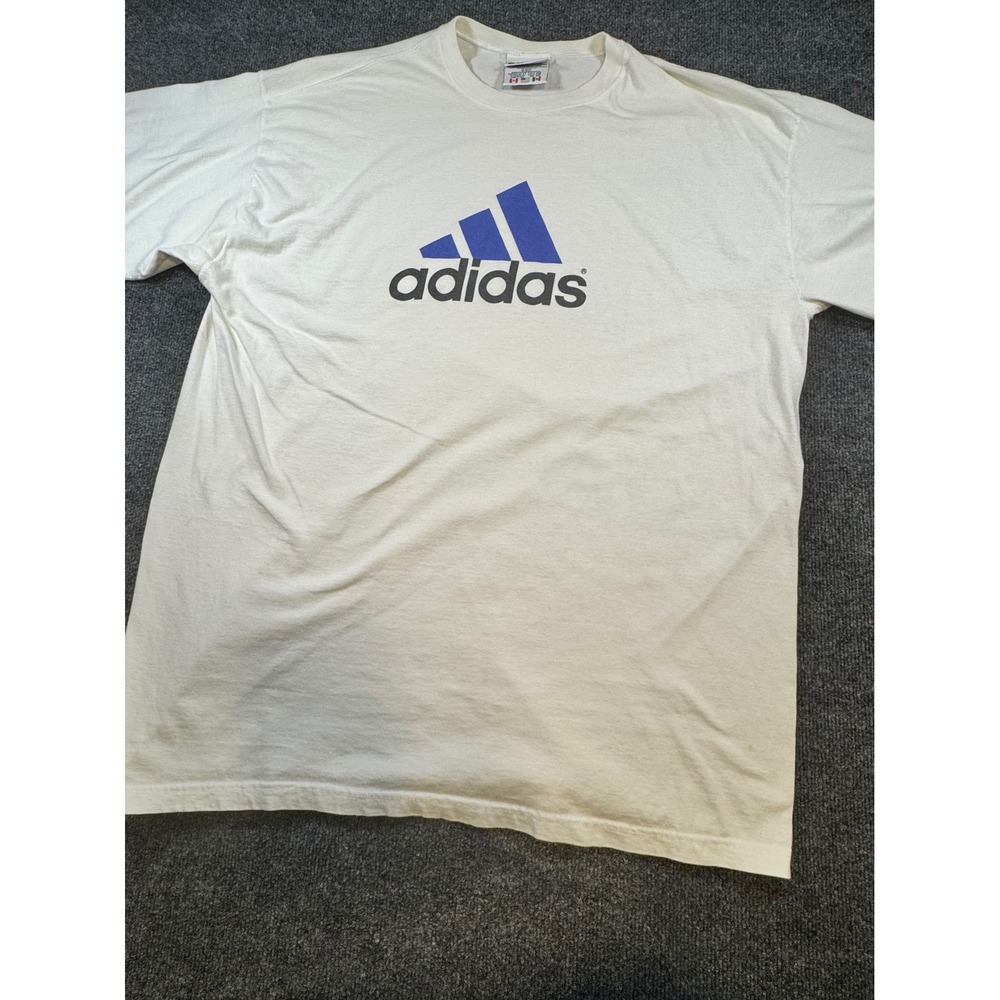 Vintage Adidas T Shirt Mens XXL White Blue Graphic‎ Logo Made in USA Cotton Tee